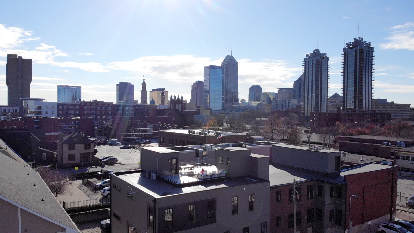 Drone view of the downtown Indianapolis skyline