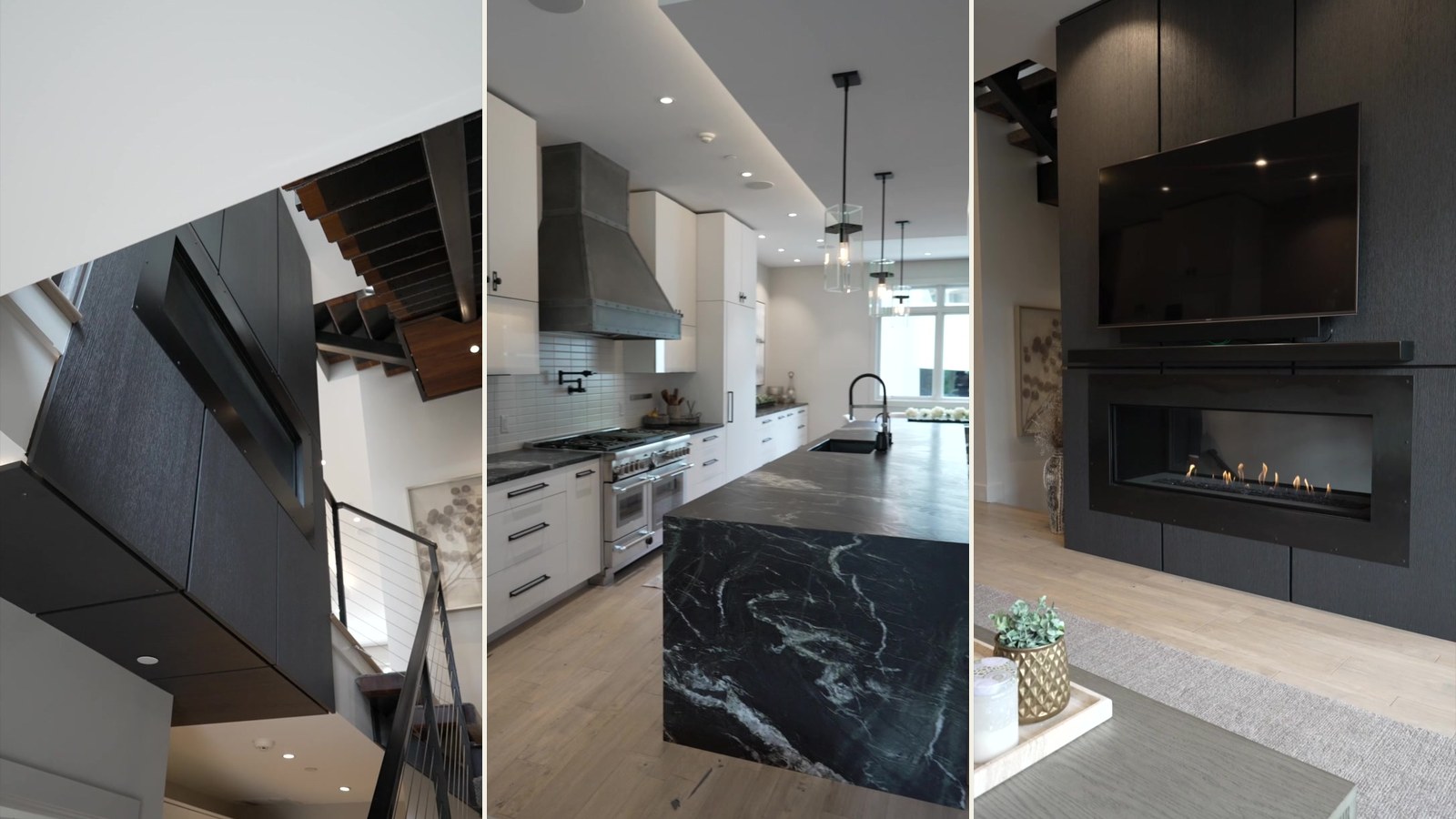 Three stills from the 80 Monon Blvd listing film: looking up the staircase, the kitchen, and the fireplace