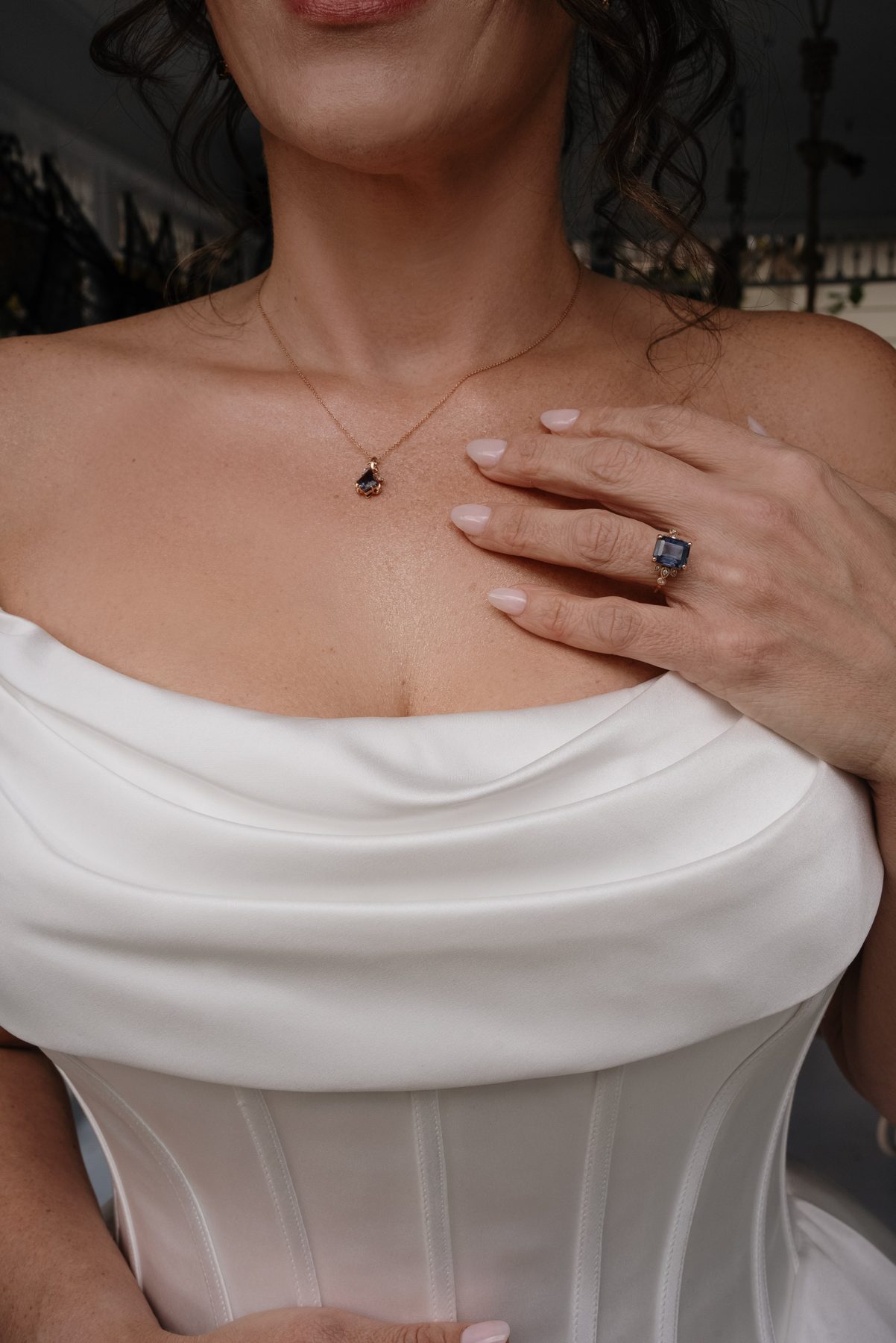 Pary's necklace and neckline detail