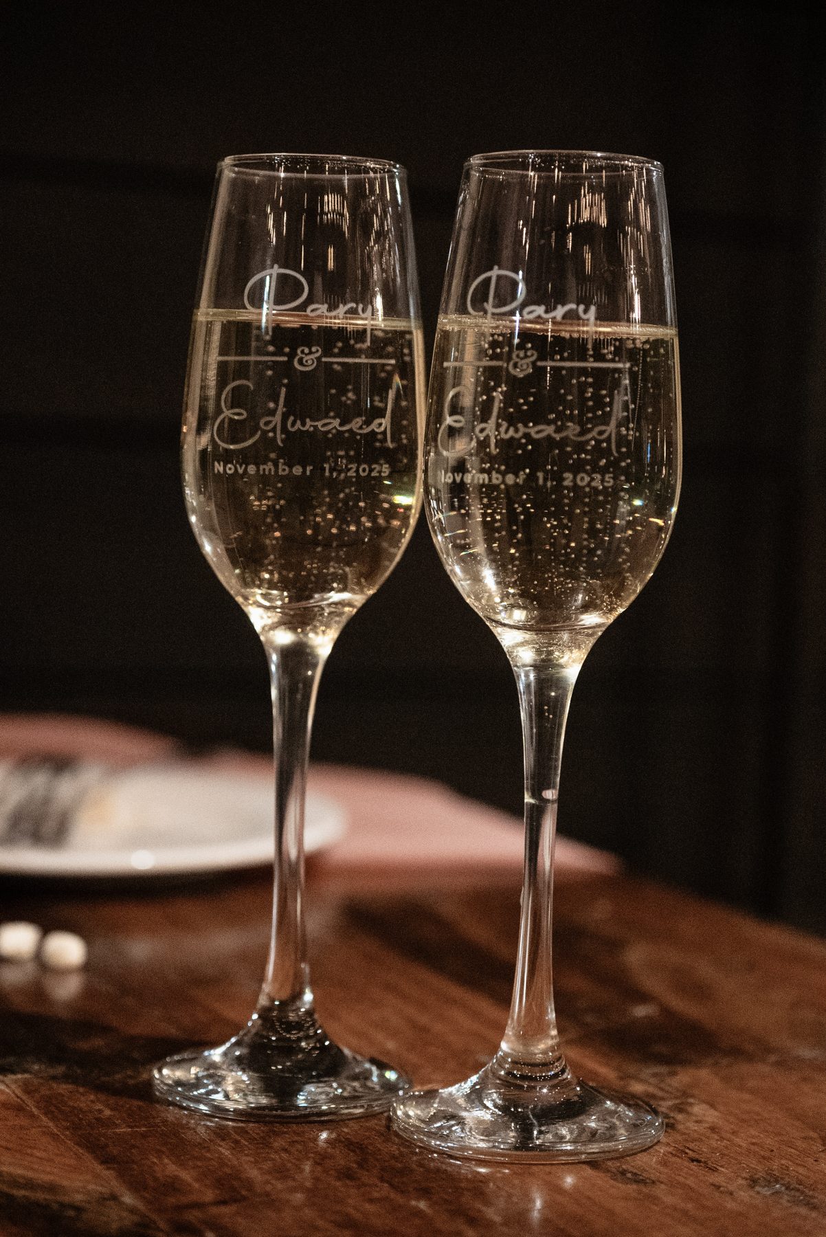 Engraved champagne flutes for Pary and Edward